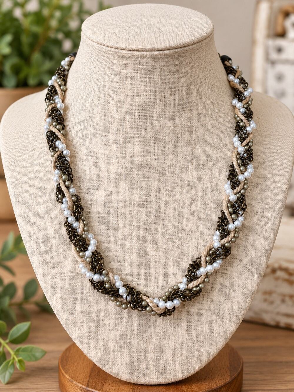 Banana Republic Statement Necklace Multi Strand Faux Pearl Braided Boho